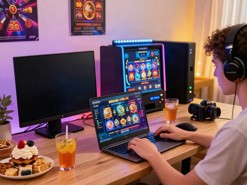 Engaging online gaming scene emphasizing slot gacor gampang menang with a player enjoying a vibrant gaming environment.