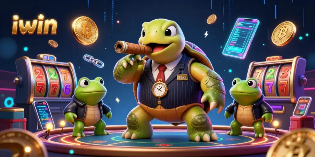 Spin the reels with iwin's vibrant casino scene featuring characters and crypto elements.