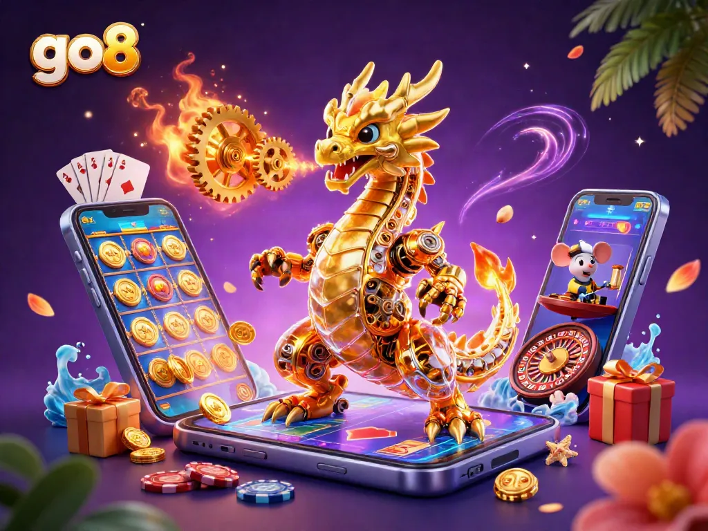 Experience thrilling slot action with go8's 3D dragon casino illustration showcasing vibrant gameplay elements.
