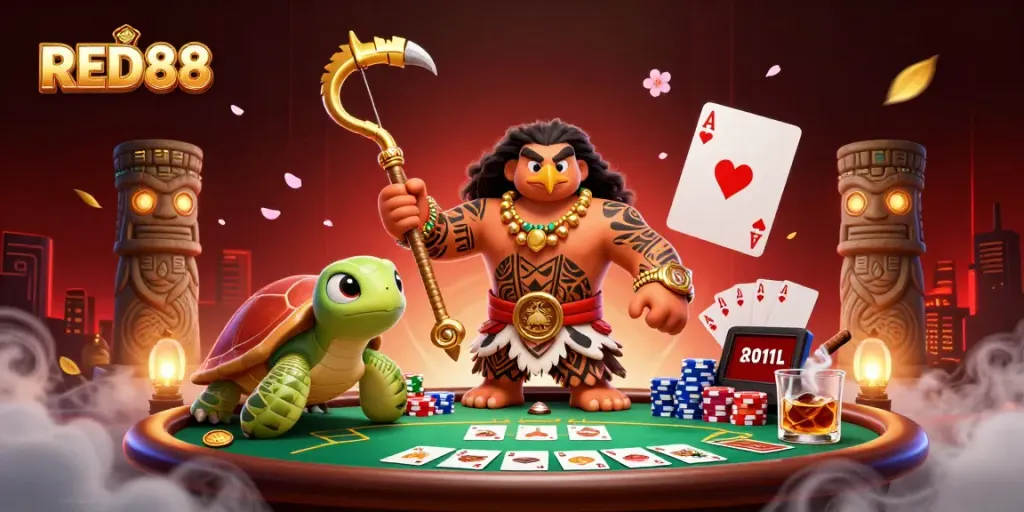 engage in thrilling gameplay at RED88 with a vibrant 3D cartoon casino scene showcasing poker elements
