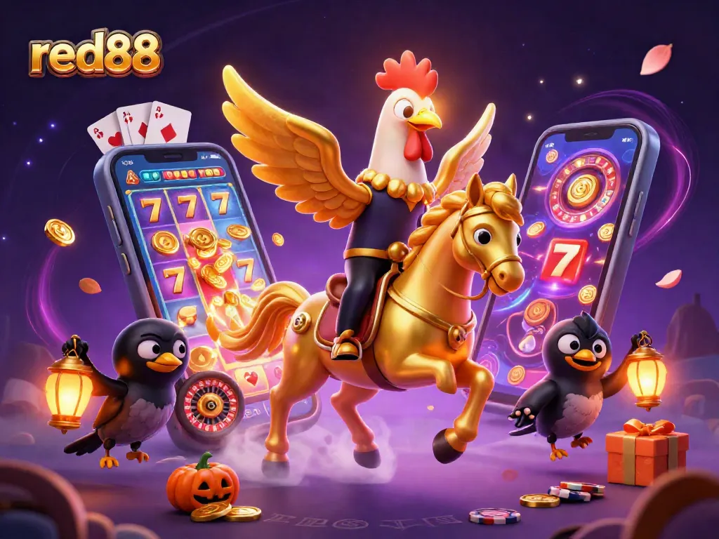 Join the excitement with red88 as golden creatures lead the casino adventure, surrounded by vivid game elements.