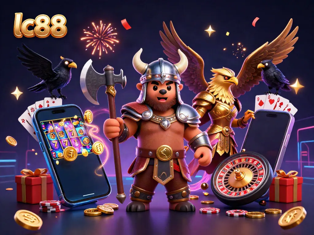Engage with lc88 through a thrilling Viking-themed illustration showcasing a dynamic casino scene