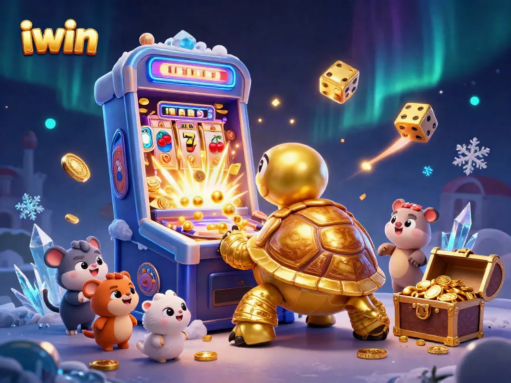 iwin showcases a thrilling casino atmosphere with a jackpot slot machine and playful characters.