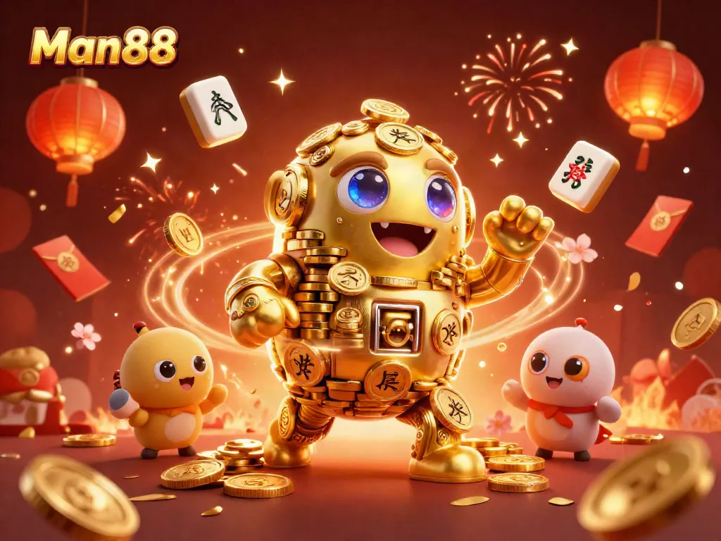 Experience thrilling gameplay at Man88 with a gold golem amidst festive casino elements.